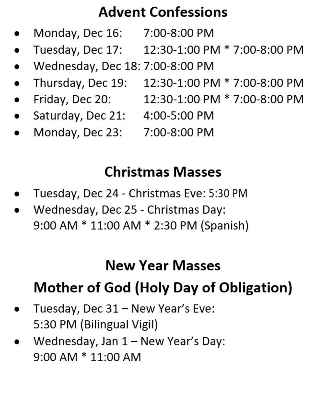 Christmas Schedule