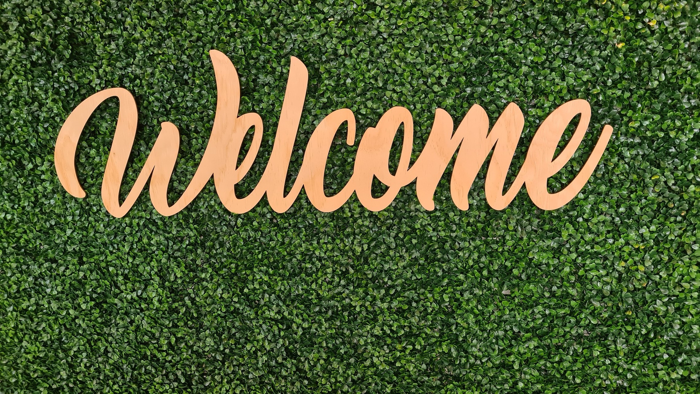 The word welcome in front of a hedge.