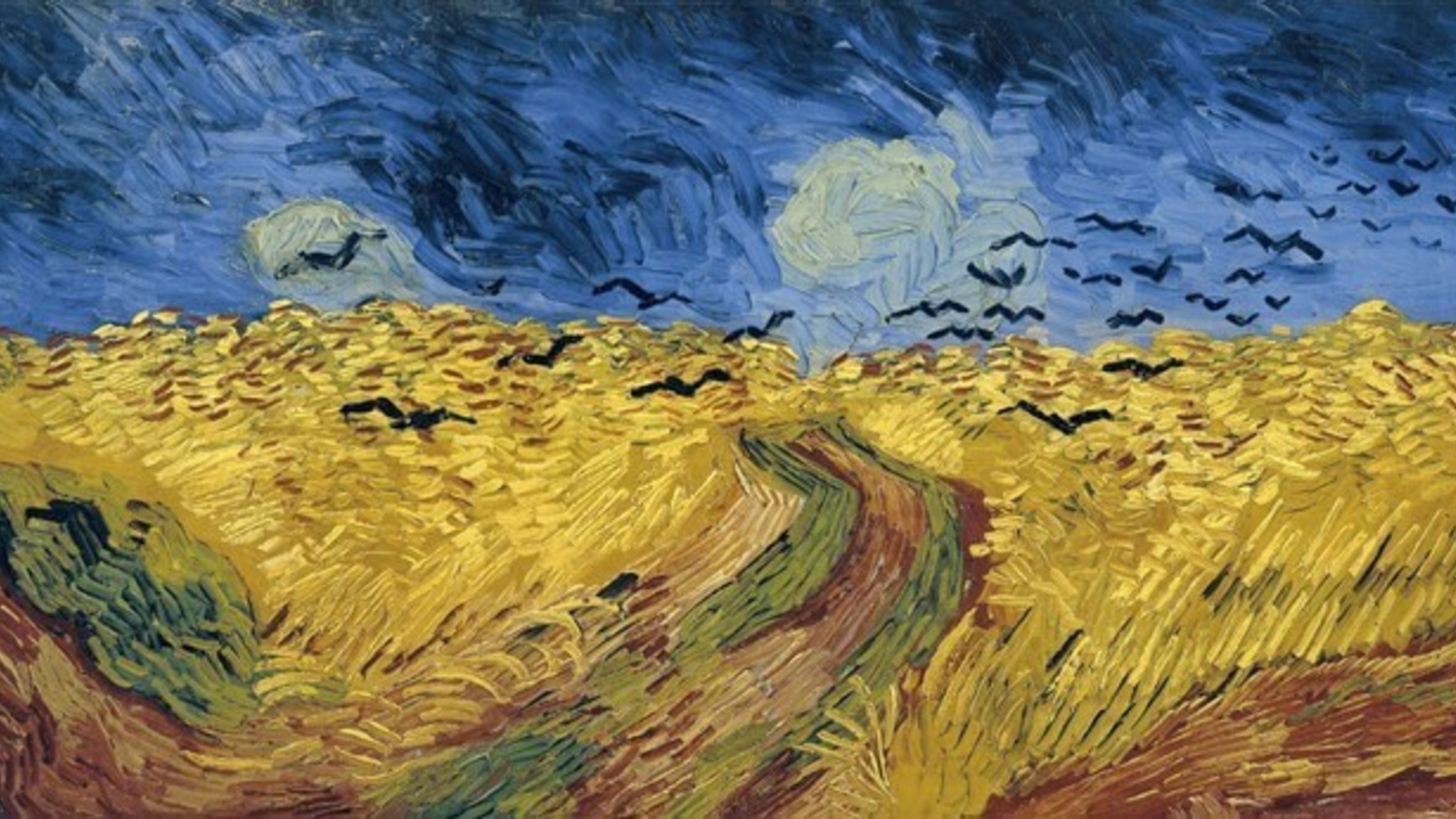 painting of wheat fields, with crows flying over a blue sky