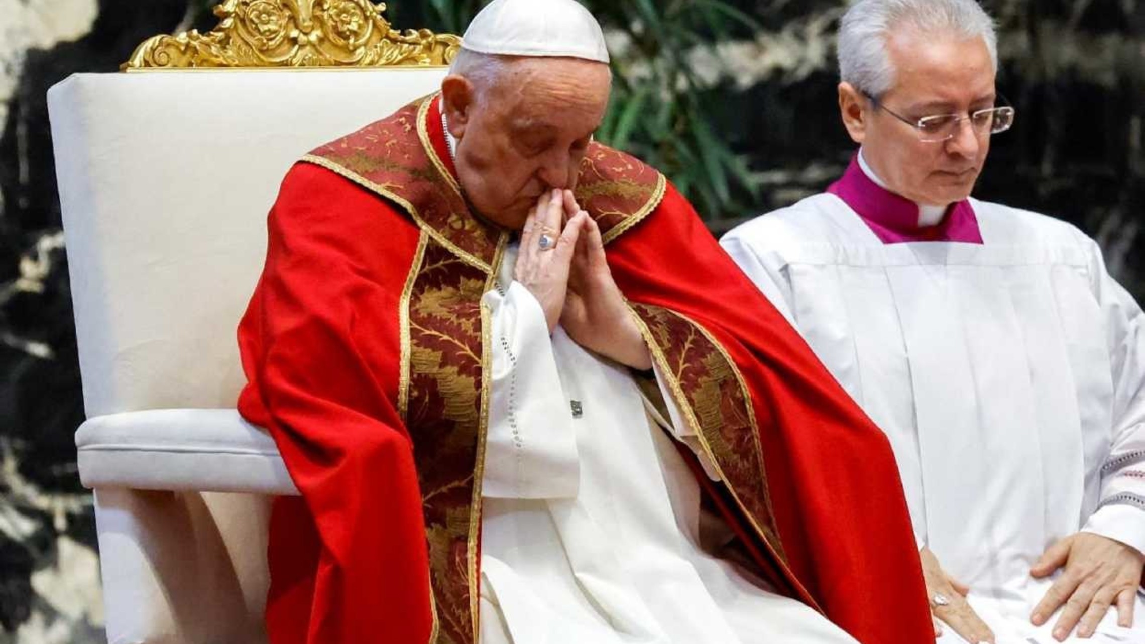 Pope Seated On Papa Chair Praying