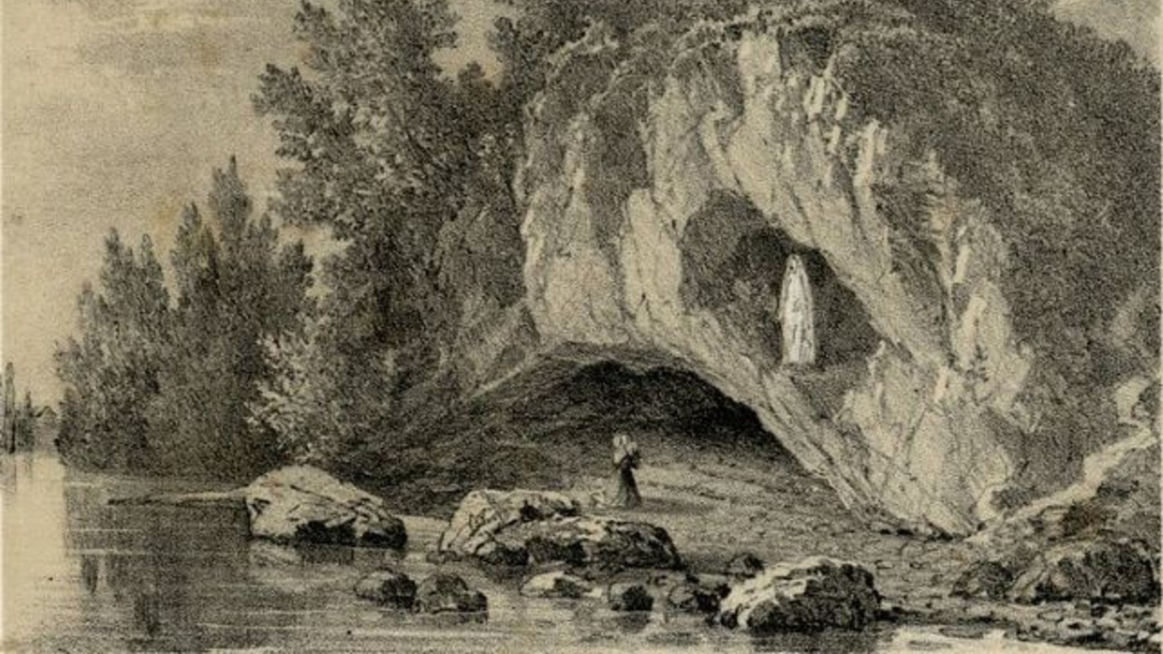 pencil sketch of the Gave River, Massaibelle cliff, and grotto