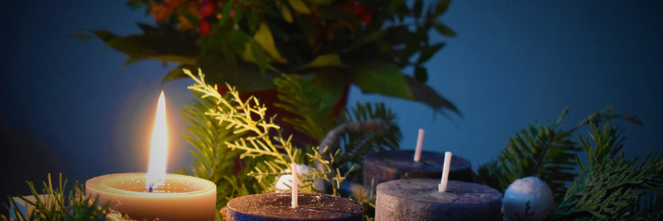 one lit candle, three unlit candles among some ferns