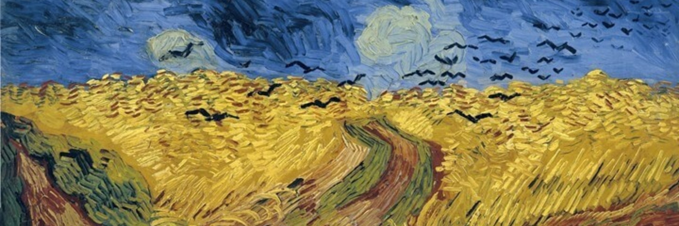 painting of wheat fields, with crows flying over a blue sky
